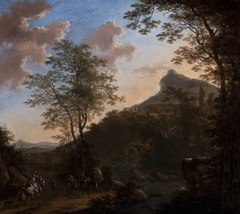 Hilly Landscape with Figures and Horses near a Bridge over a River by Willem de Heusch