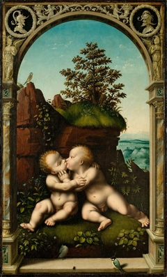 Holy Infants Embracing (outside a doorway) by Joos van Cleve