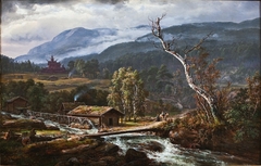 Landscape in Kaupanger with a Stave Church by Johan Christian Dahl