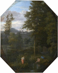 Landscape with, possibly, Echo and Narcissus by attributed to Johannes Glauber