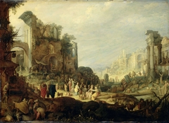 Landscape with Roman Ruins and the Meeting of Rebecca and Eliezer by Unknown Artist