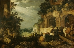 Landscape with ruins, cattle and deer by Roelant Savery