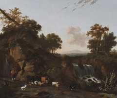 Landscape with Waterfalls, Cowherd, Sheep, Goats and Cattle by Abraham Begeyn