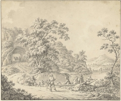 Landschap met een schuitje waarin een schapenherder met zijn kudde by Jacob Cats 1741-1799