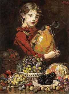 Monarosa, dochter van de schilder, als fruitverkoopster by Martin Monnickendam