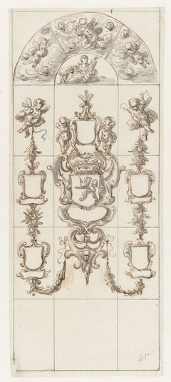 Ontwerp voor een glasraam met blanco wapenschilden en putti by Pieter Jansz