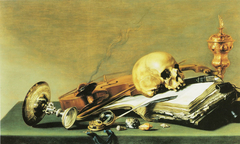 Open book, Skull, Violin and Oil Lamp by Pieter Claesz