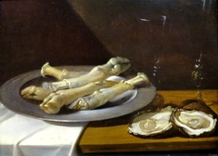 Pig's Knuckles on a Pewter Plate with Oysters and Wine Glasses on a Draped Table by Anonymous