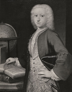 Portrait of a boy, standing next to a table with folios and a globe by Johannes Vollevens II