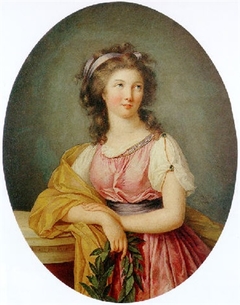 Portrait of a girl in neoclassical dress at a column holding a laurel wreath by Marie-Élisabeth Gabiou