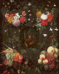 Portrait of a painter surrounded by a garland (detail). by Cornelis van Huynen