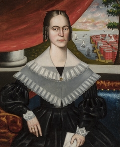 Portrait of a Woman said to be Clarissa Gallond Cook, in front of a Cityscape by Erastus Salisbury Field