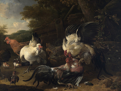 Roosters fighting by Melchior d'Hondecoeter