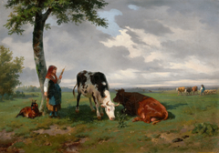 Shepherdess and Two Cows in a Meadow by Rosa Bonheur