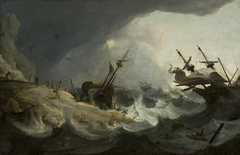 Shipwreck off a rocky coast on March 1694. by Ludolf Bakhuizen