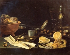 Still life (toebackje) with smoker's paraphernalia by Pieter Claesz