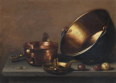 Still life with copper pans, utensils and plums on a stone ledge by Floris van Schooten