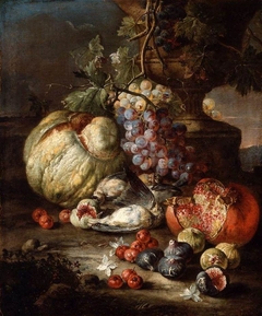 Still Life with Fruit and Dead Birds in a Landscape by Giovan Battista Ruoppolo