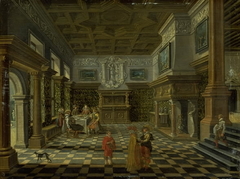 Sumptuous renaissance interior with a banquet by Bartholomeus van Bassen