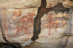 Termite tunnel over red wallaby and goanna by anonymous painter