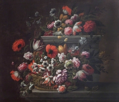 Tulips, Poppies, Roses and other Flowers in a Basket, and a Porcelain Bowl by Anonymous