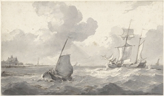 Tweemaster en vissersboot voor de kust by Petrus Johannes Schotel