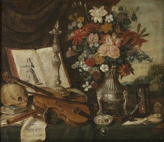 Vanitas Still Life with Musical Instruments and Flowers in a Silver Tripod Vase by manner of Jacques Linard