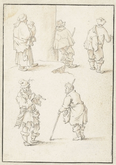 Vrouw met kind, een staande fluitspeler en drie staande mannen by Herman Saftleven