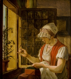 Vrouw met naaiwerk by Johannes Jelgerhuis