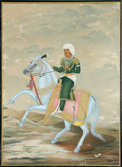 A horseman, dressed in green with a white-streaked turban, mounted on a blue ho by Anonymous