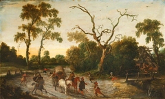 A Wooded Landscape with Armed Men attacking a Wagon Party by Esaias van de Velde