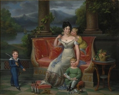 An elegant lady with three children on a neoclassical settee, on a balcony by Jenny Berger-Désoras