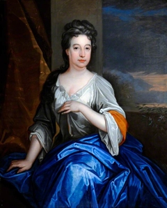 An Unknown Lady with a Blue Mantle, seated by an opening to Landscape by follower of Sir Godfrey Kneller