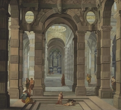 Baroque church interior with a friar and peasants by Dirk van Delen