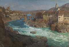 Blick auf Laufenburg am Rhein mit den Stromschnellen by Gustav Schönleber