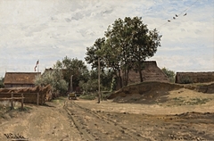 Born. Dorfstraße mit Pferdekarren und reetgedeckten Häusern by Hermann Eschke