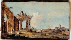 Caprice, avec arc en ruine et maisons de pêcheurs by Francesco Guardi