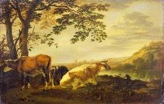 Cattle on a River Bank by Abraham van Calraet