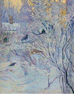 Corner of the House and Bullfinches on the Tree. Winter by Olga Rozanova