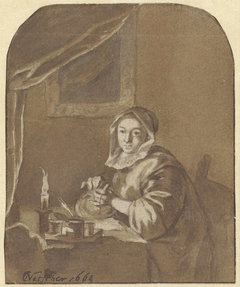 Dame aan tafel zittend by Caspar Netscher