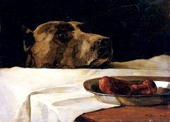 Dogge mit Wurstschüssel. »Caesar am Rubikon« by Wilhelm Trübner