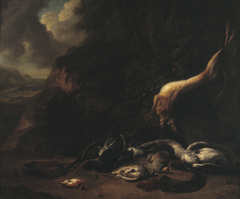 Dood wild en jachtgerei in een landschap by Jan Baptist Weenix