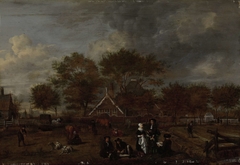 Farmstead with the Gentleman Farmer and his Wife and the Painter in the foreground by Jan Pietersz Opperdoes