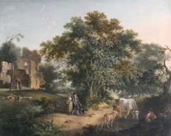 Figures, Cattle and Sheep  in Wooded Landscape by Fredericus Theodorus Renard