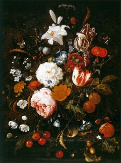 Flowers in a glass Vase with Fruit by Jan Davidsz. de Heem