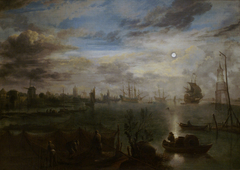 Harbor by Moonlight by Aert van der Neer