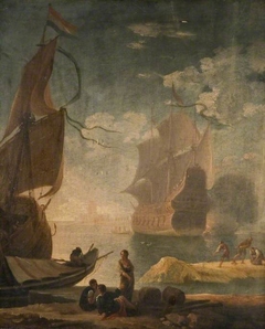 Harbour Scene With Man-Of-War And Figures On A Quay by Joseph Vernet