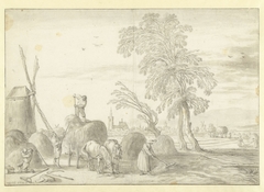 Hooiende boeren met in de verte 's-Gravenhage by Esaias van de Velde