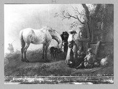 horse + people in front of a house by Philips Wouwerman