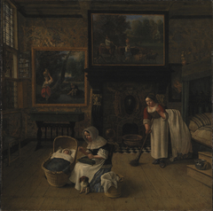 Interior with a Woman Embroidering and Rocking a Child in a Cradle by Jan Siberechts